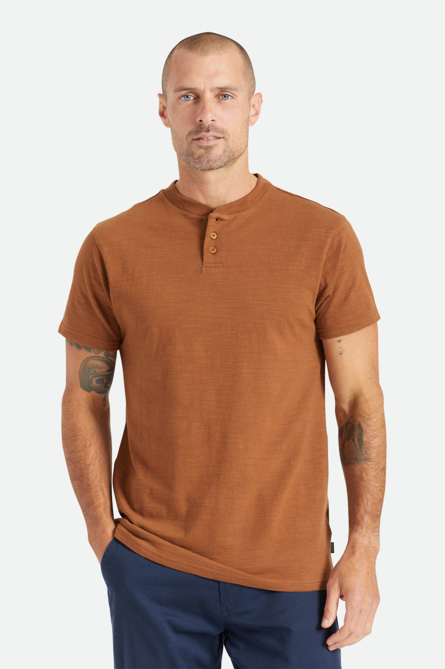 Brown Men's Brixton Basic Slub S/S Henley Tops | 503219-GLQ