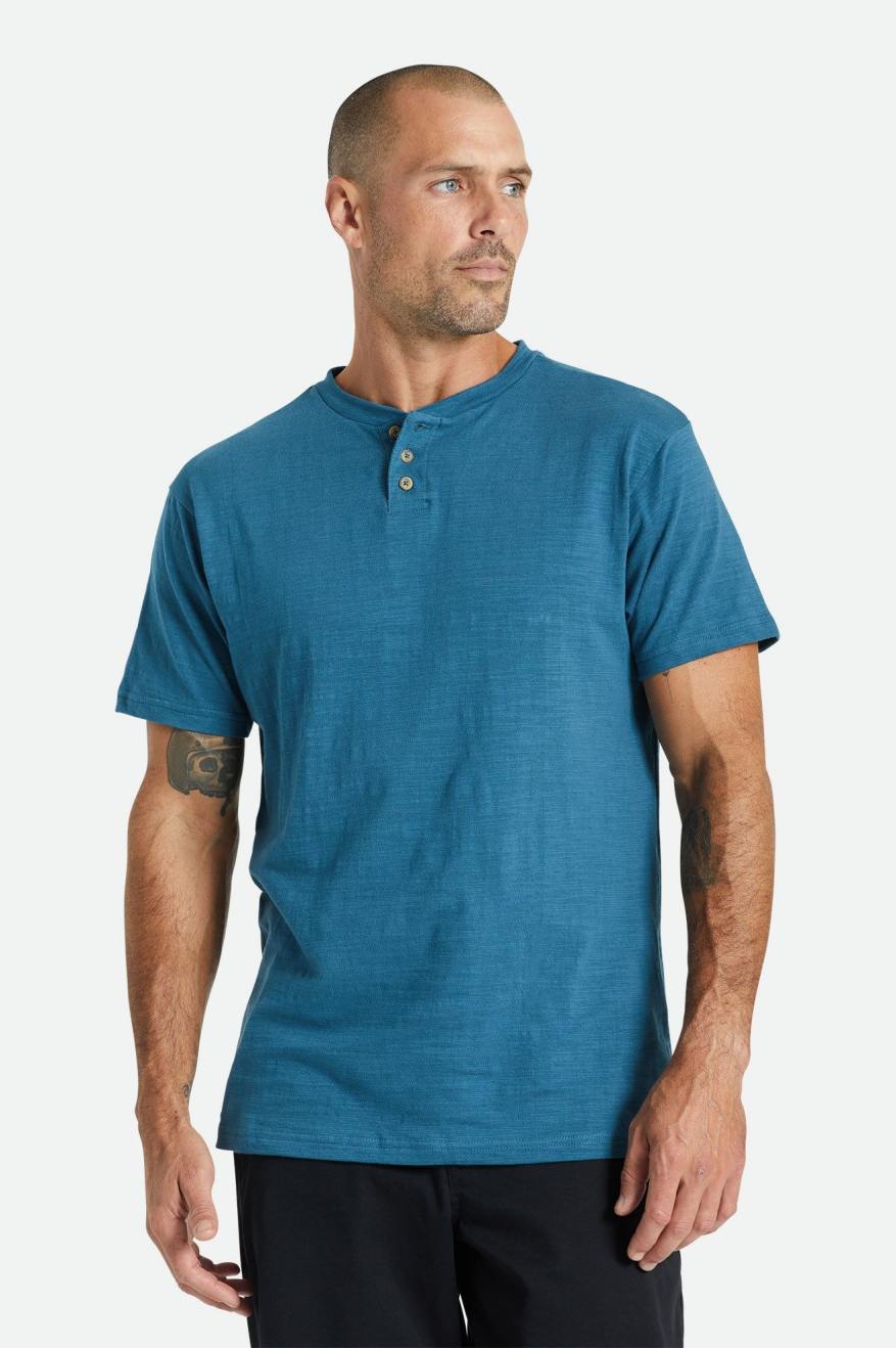 Turquoise Men's Brixton Basic Slub S/S Henley Tops | 137248-MWZ