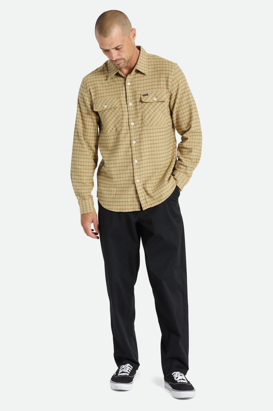 Beige / Olive Men's Brixton Bowery Stretch L/S Utility Flannels | 860439-LGX