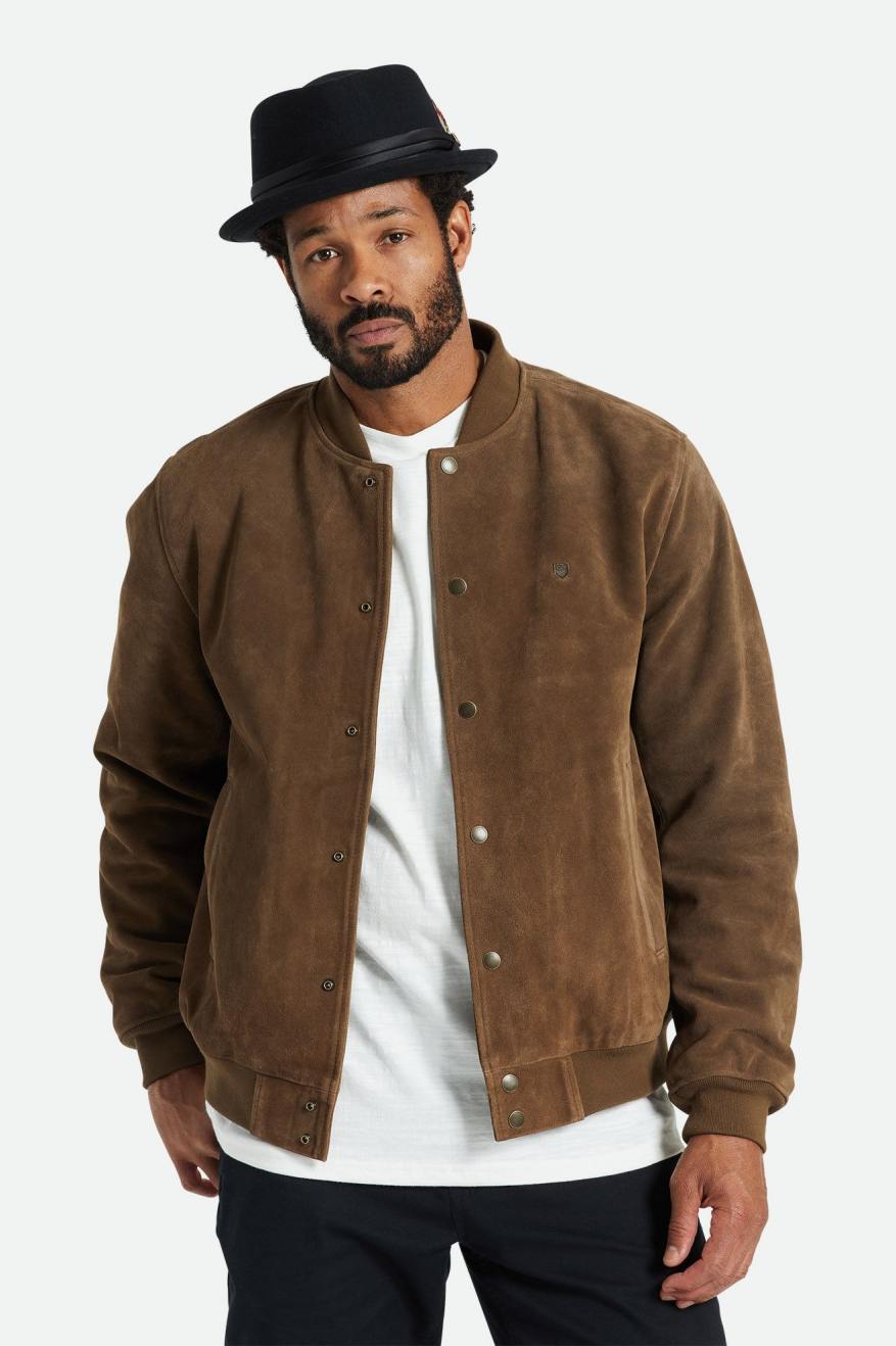 Brown Men's Brixton Dillinger Reserve Suede Bomber Jackets | 468237-OXS