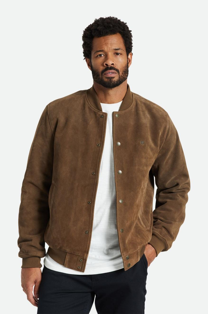 Brown Men\'s Brixton Dillinger Reserve Suede Bomber Jackets | 468237-OXS