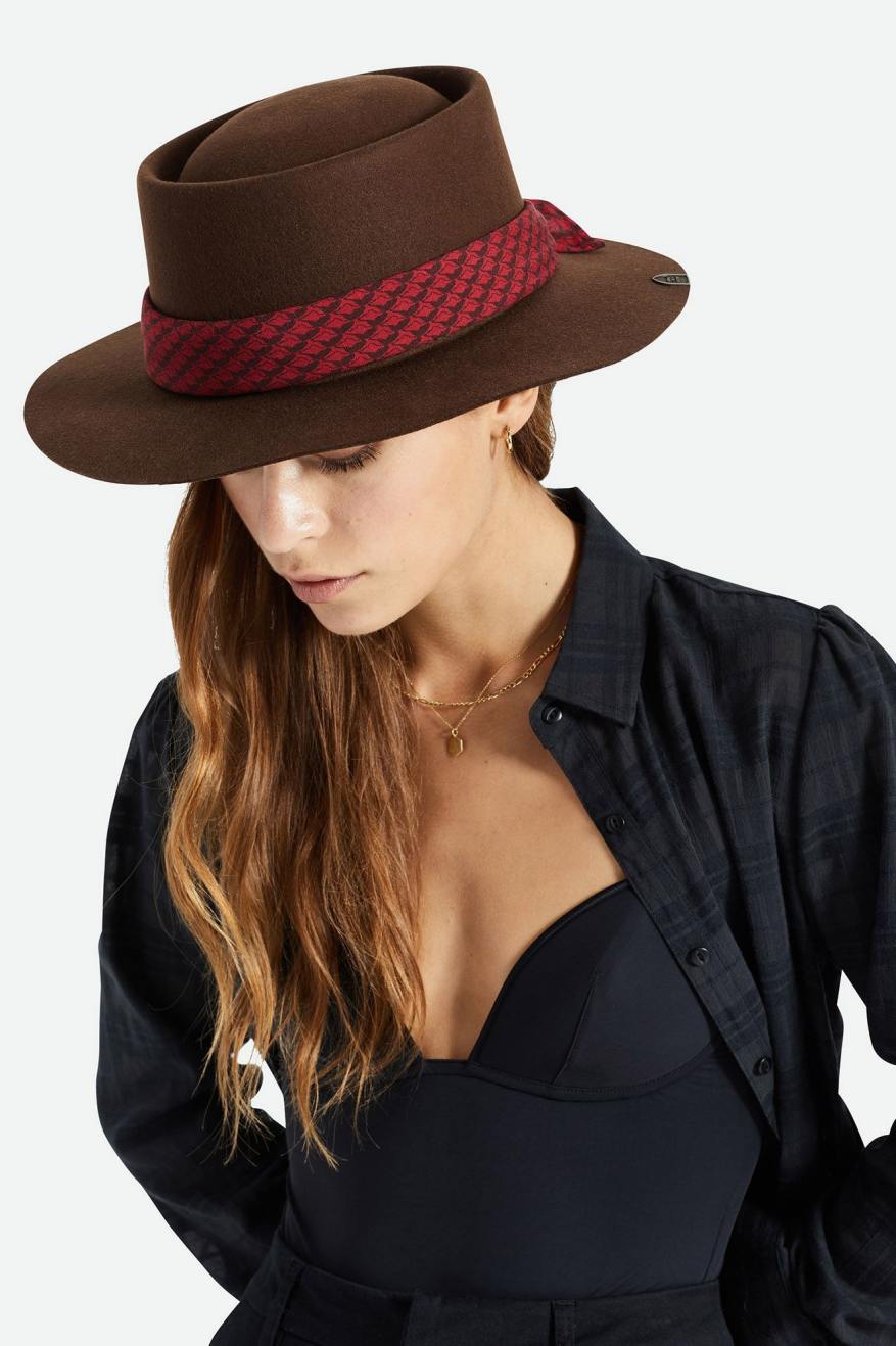 Brown Women's Brixton Fender Jaguar Contour Fedora Fedoras | 796234-FAW